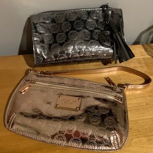 Michael Kors metallic bags. Gunmetal silver clutch and Rose Gold mini bag.